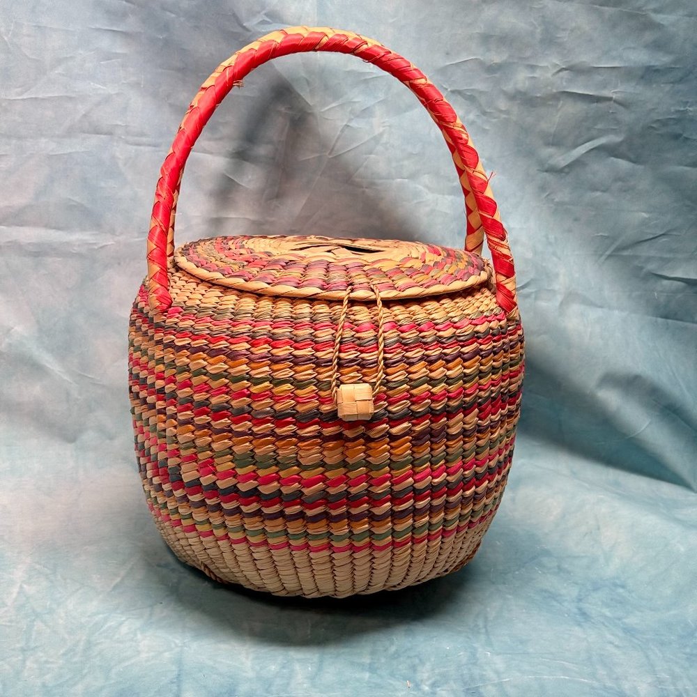 Vtg Woven Rattan/Straw Colorful Snake Charmer Basket Lid Handles Native American